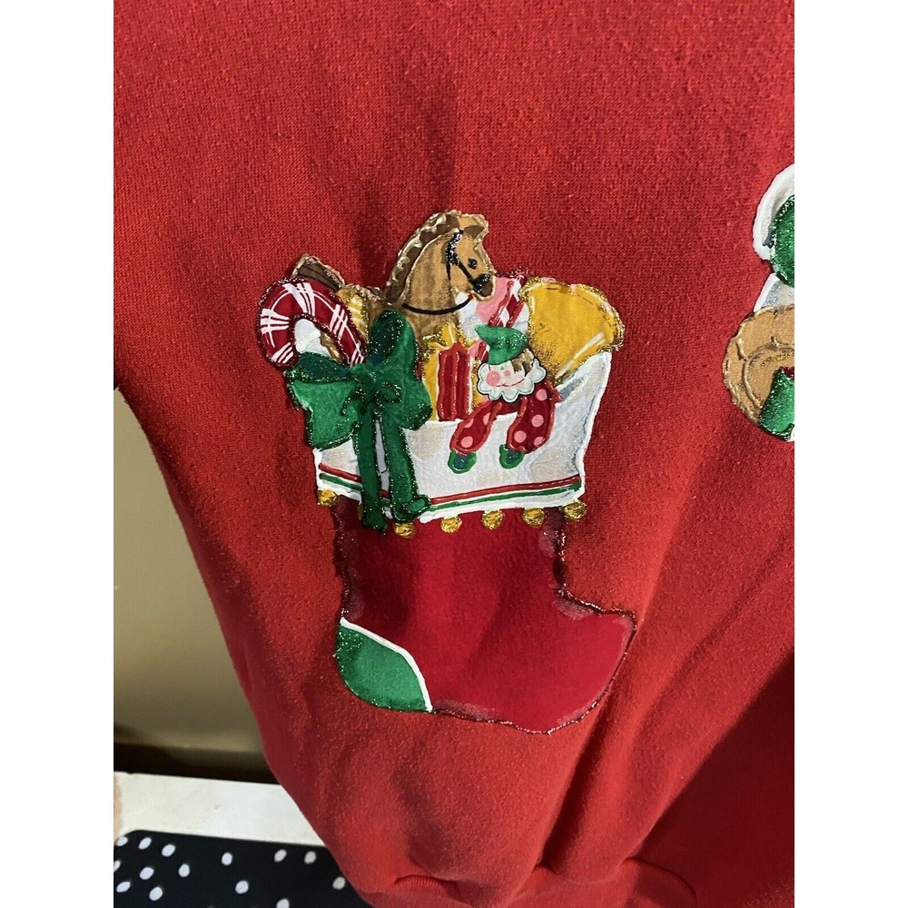 Vintage Embroidered/ Puppies In Sleigh Santa With Gifts 2side Sweatshirt Size XL - Picture 15 of 16